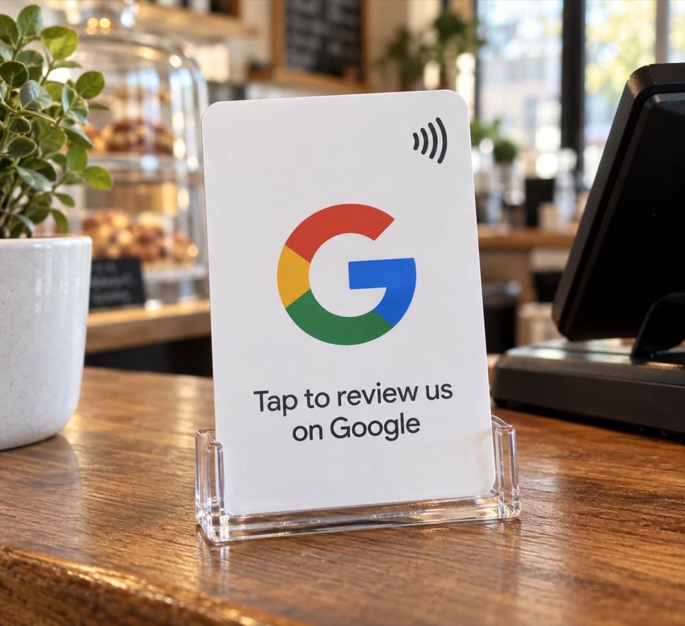 Google Review tap card standing by a shop register